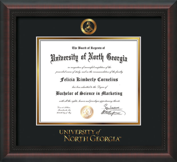 Image of University of North Georgia Diploma Frame - Mahogany Braid - w/Embossed Military Seal & UNG Wordmark - Black on Gold mat