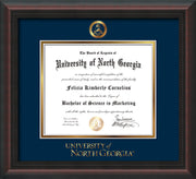 Image of University of North Georgia Diploma Frame - Mahogany Braid - w/Embossed Military Seal & UNG Wordmark - Navy on Gold mat