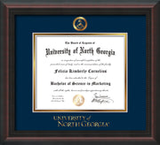 Image of University of North Georgia Diploma Frame - Mahogany Braid - w/Embossed Military Seal & UNG Wordmark - Navy on Gold mat