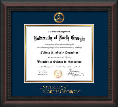 Image of University of North Georgia Diploma Frame - Mahogany Braid - w/Embossed Military Seal & UNG Wordmark - Navy on Gold mat
