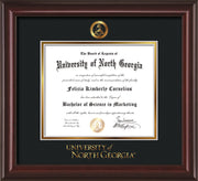 Image of University of North Georgia Diploma Frame - Mahogany Lacquer - w/Embossed Military Seal & UNG Wordmark - Black on Gold mat