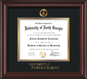 Image of University of North Georgia Diploma Frame - Mahogany Lacquer - w/Embossed Military Seal & UNG Wordmark - Black on Gold mat
