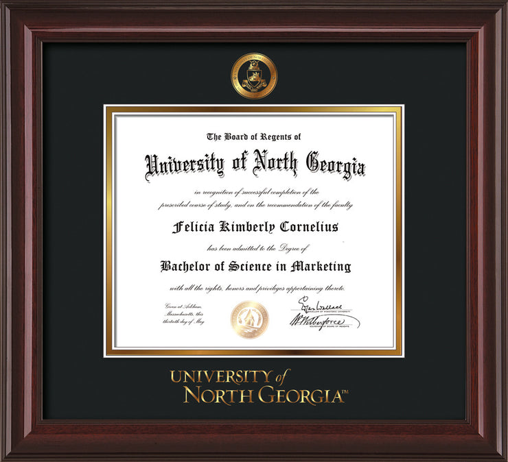 Image of University of North Georgia Diploma Frame - Mahogany Lacquer - w/Embossed Military Seal & UNG Wordmark - Black on Gold mat