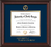 Image of University of North Georgia Diploma Frame - Mahogany Lacquer - w/Embossed Military Seal & UNG Wordmark - Navy on Gold mat