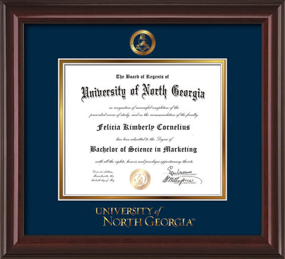 Image of University of North Georgia Diploma Frame - Mahogany Lacquer - w/Embossed Military Seal & UNG Wordmark - Navy on Gold mat