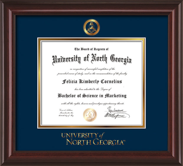 Image of University of North Georgia Diploma Frame - Mahogany Lacquer - w/Embossed Military Seal & UNG Wordmark - Navy on Gold mat