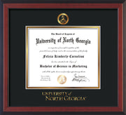 Image of University of North Georgia Diploma Frame - Cherry Reverse - w/Embossed Military Seal & UNG Wordmark - Black on Gold mat