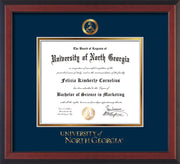 Image of University of North Georgia Diploma Frame - Cherry Reverse - w/Embossed Military Seal & UNG Wordmark - Navy on Gold mat