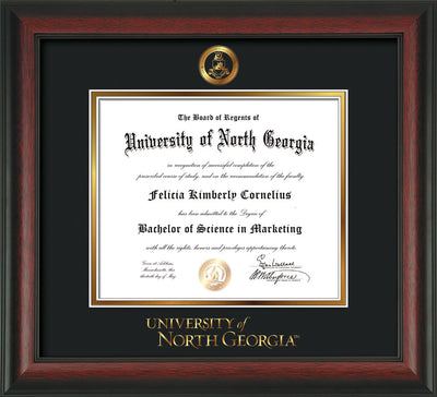 Image of University of North Georgia Diploma Frame - Rosewood - w/Embossed Military Seal & UNG Wordmark - Black on Gold mat