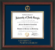 Image of University of North Georgia Diploma Frame - Rosewood - w/Embossed Military Seal & UNG Wordmark - Navy on Gold mat