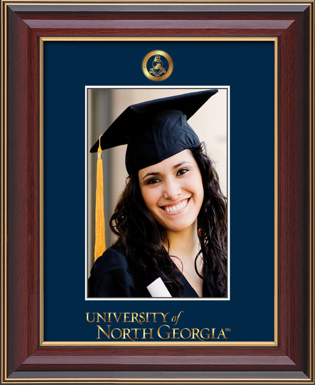 Image of University of North Georgia 5 x 7 Photo Frame - Cherry Lacquer - w/Official Embossing of Military Seal & UNG Wordmark - Single Navy mat