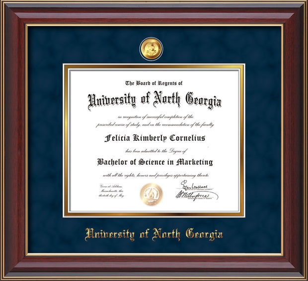Image of University of North Georgia Diploma Frame - Cherry Lacquer - w/24k Gold-Plated Military Medallion & UNG Name Embossing - Navy Suede on Gold mats