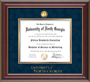 Image of University of North Georgia Diploma Frame - Cherry Lacquer - w/24k Gold-Plated Military Medallion & UNG Wordmark Embossing - Navy Suede on Gold mats