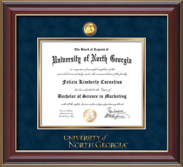 Image of University of North Georgia Diploma Frame - Cherry Lacquer - w/24k Gold-Plated Military Medallion & UNG Wordmark Embossing - Navy Suede on Gold mats