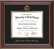 Image of University of North Georgia Diploma Frame - Cherry Lacquer - w/Embossed Military Seal & UNG Name - Black on Gold mat