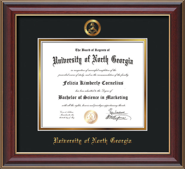 Image of University of North Georgia Diploma Frame - Cherry Lacquer - w/Embossed Military Seal & UNG Name - Black on Gold mat