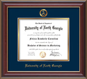 Image of University of North Georgia Diploma Frame - Cherry Lacquer - w/Embossed Military Seal & UNG Name - Navy on Gold mat