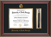 Image of University of North Georgia Diploma Frame - Cherry Lacquer - w/Embossed UNG Seal & Name - Tassel Holder - Black on Gold mat