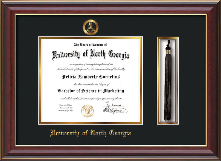Image of University of North Georgia Diploma Frame - Cherry Lacquer - w/Embossed Military Seal & UNG Name - Tassel Holder - Black on Gold mat
