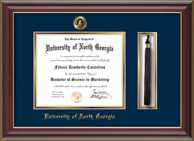 Image of University of North Georgia Diploma Frame - Cherry Lacquer - w/Embossed UNG Seal & Name - Tassel Holder - Navy on Gold mat