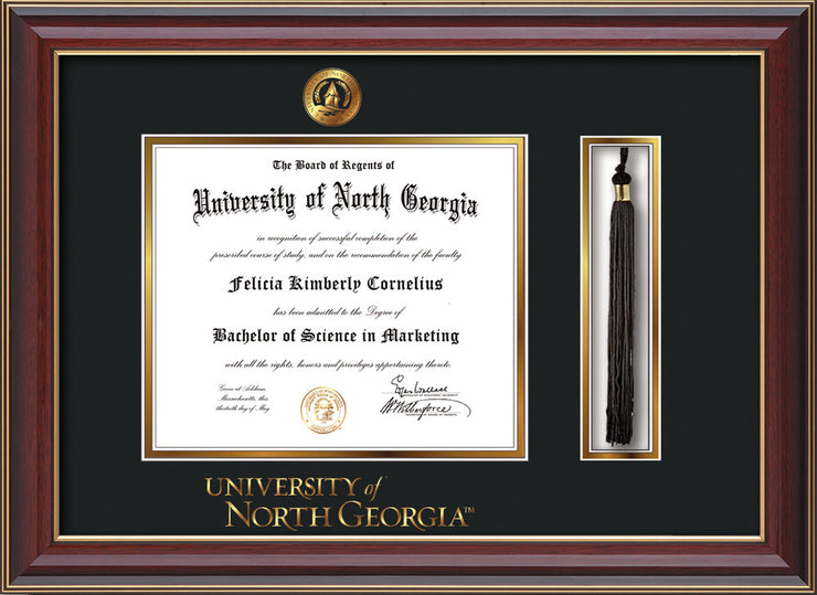 Image of University of North Georgia Diploma Frame - Cherry Lacquer - w/Embossed UNG Seal & Wordmark - Tassel Holder - Black on Gold mat