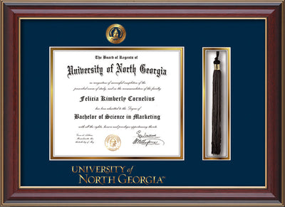 Image of University of North Georgia Diploma Frame - Cherry Lacquer - w/Embossed UNG Seal & Wordmark - Tassel Holder - Navy on Gold mat
