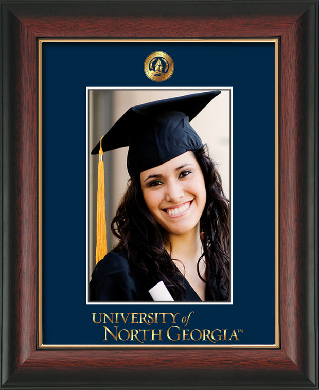Image of University of North Georgia 5 x 7 Photo Frame - Rosewood w/Gold Lip - w/Official Embossing of UNG Seal & Wordmark - Single Navy mat