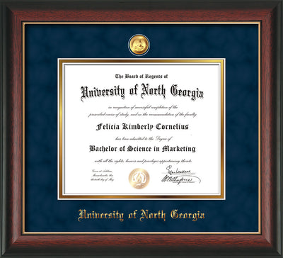 Image of University of North Georgia Diploma Frame - Rosewood w/Gold Lip - w/24k Gold-Plated Military Medallion & UNG Name Embossing - Navy Suede on Gold mats