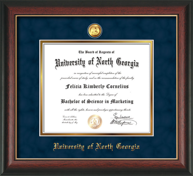 Image of University of North Georgia Diploma Frame - Rosewood w/Gold Lip - w/24k Gold-Plated Military Medallion & UNG Name Embossing - Navy Suede on Gold mats
