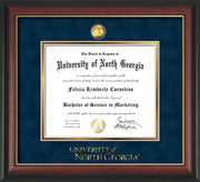 Image of University of North Georgia Diploma Frame - Rosewood w/Gold Lip - w/24k Gold-Plated Military Medallion & UNG Wordmark Embossing - Navy Suede on Gold mats