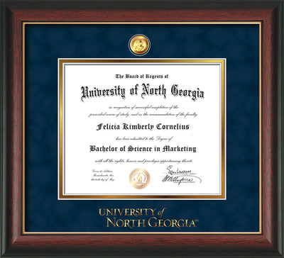 Image of University of North Georgia Diploma Frame - Rosewood w/Gold Lip - w/24k Gold-Plated Military Medallion & UNG Wordmark Embossing - Navy Suede on Gold mats