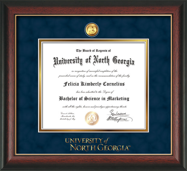 Image of University of North Georgia Diploma Frame - Rosewood w/Gold Lip - w/24k Gold-Plated Military Medallion & UNG Wordmark Embossing - Navy Suede on Gold mats
