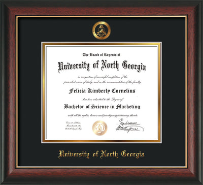 Image of University of North Georgia Diploma Frame - Rosewood w/Gold Lip - w/Embossed Military Seal & UNG Name - Black on Gold mat