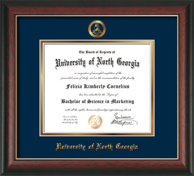 Image of University of North Georgia Diploma Frame - Rosewood w/Gold Lip - w/Embossed Military Seal & UNG Name - Navy on Gold mat