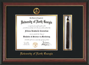 Image of University of North Georgia Diploma Frame - Rosewood w/Gold Lip - w/Embossed Military Seal & UNG Name - Tassel Holder - Black on Gold mat