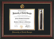 Image of University of North Georgia Diploma Frame - Rosewood w/Gold Lip - w/Embossed UNG Seal & Name - Tassel Holder - Black on Gold mat