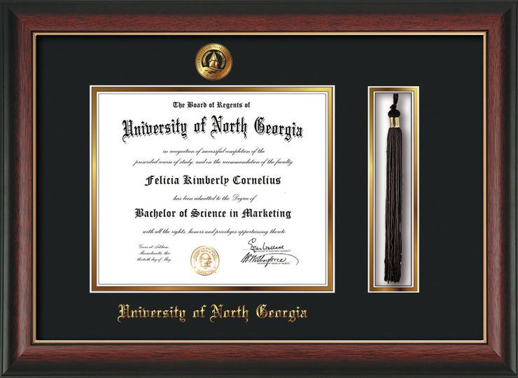 Image of University of North Georgia Diploma Frame - Rosewood w/Gold Lip - w/Embossed UNG Seal & Name - Tassel Holder - Black on Gold mat