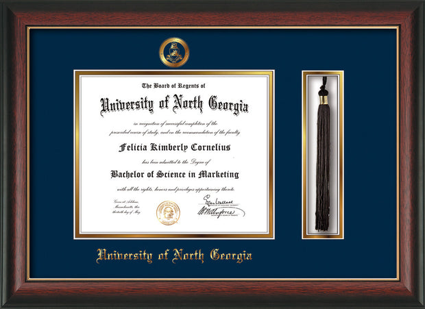 Image of University of North Georgia Diploma Frame - Rosewood w/Gold Lip - w/Embossed Military Seal & UNG Name - Tassel Holder - Navy on Gold mat