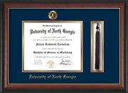 Image of University of North Georgia Diploma Frame - Rosewood w/Gold Lip - w/Embossed UNG Seal & Name - Tassel Holder - Navy on Gold mat