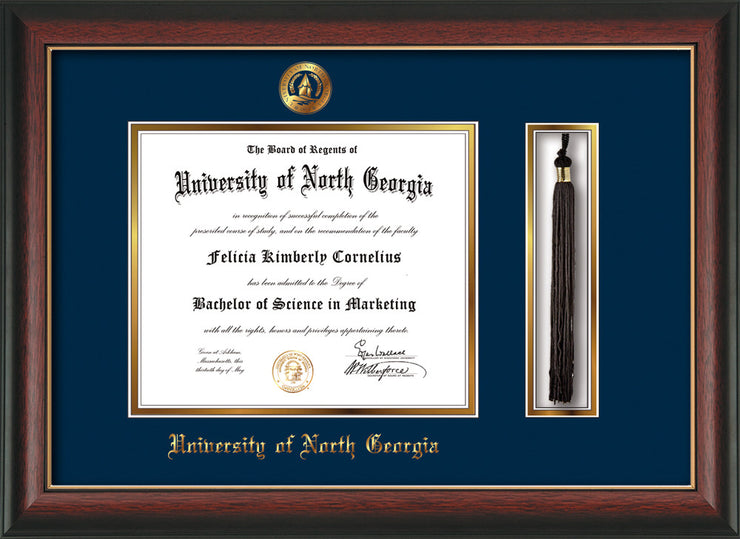 Image of University of North Georgia Diploma Frame - Rosewood w/Gold Lip - w/Embossed UNG Seal & Name - Tassel Holder - Navy on Gold mat