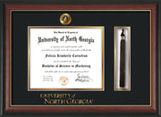 Image of University of North Georgia Diploma Frame - Rosewood w/Gold Lip - w/Embossed UNG Seal & Wordmark - Tassel Holder - Black on Gold mat
