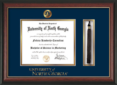 Image of University of North Georgia Diploma Frame - Rosewood w/Gold Lip - w/Embossed UNG Seal & Wordmark - Tassel Holder - Navy on Gold mat