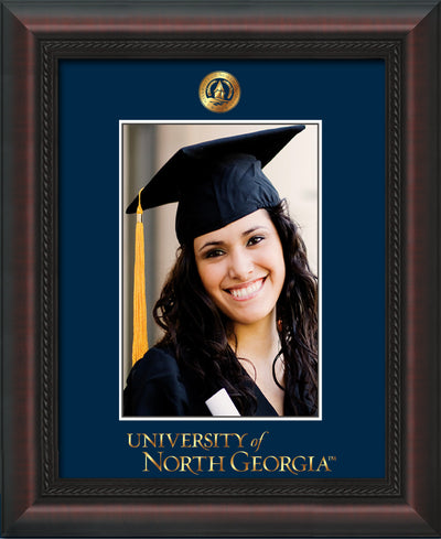 Image of University of North Georgia 5 x 7 Photo Frame - Mahogany Braid - w/Official Embossing of UNG Seal & Wordmark - Single Navy mat