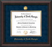 Image of University of North Georgia Diploma Frame - Mahogany Braid - w/24k Gold-Plated Military Medallion & UNG Name Embossing - Navy Suede on Gold mats