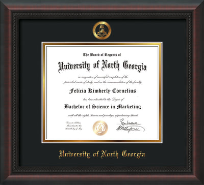 Image of University of North Georgia Diploma Frame - Mahogany Braid - w/Embossed Military Seal & UNG Name - Black on Gold mat