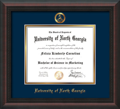 Image of University of North Georgia Diploma Frame - Mahogany Braid - w/Embossed Military Seal & UNG Name - Navy on Gold mat