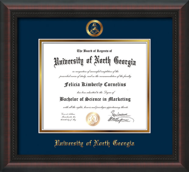 Image of University of North Georgia Diploma Frame - Mahogany Braid - w/Embossed Military Seal & UNG Name - Navy on Gold mat