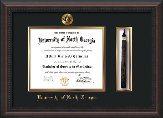 Image of University of North Georgia Diploma Frame - Mahogany Braid - w/Embossed UNG Seal & Name - Tassel Holder - Black on Gold mat