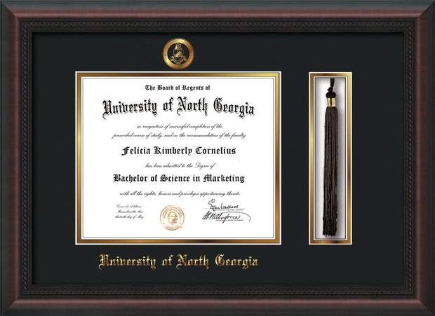 Image of University of North Georgia Diploma Frame - Mahogany Braid - w/Embossed Military Seal & UNG Name - Tassel Holder - Black on Gold mat
