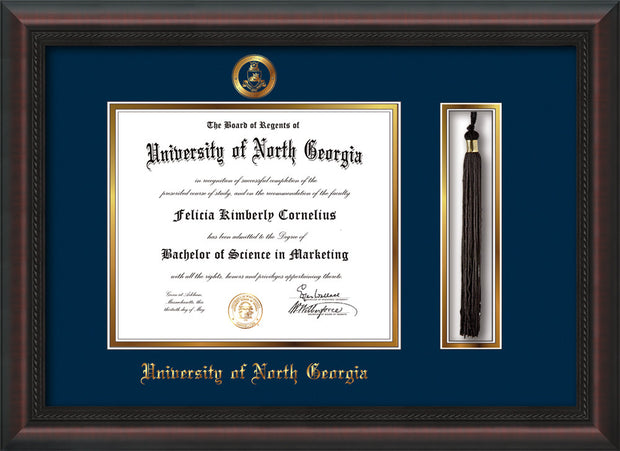 Image of University of North Georgia Diploma Frame - Mahogany Braid - w/Embossed Military Seal & UNG Name - Tassel Holder - Navy on Gold mat